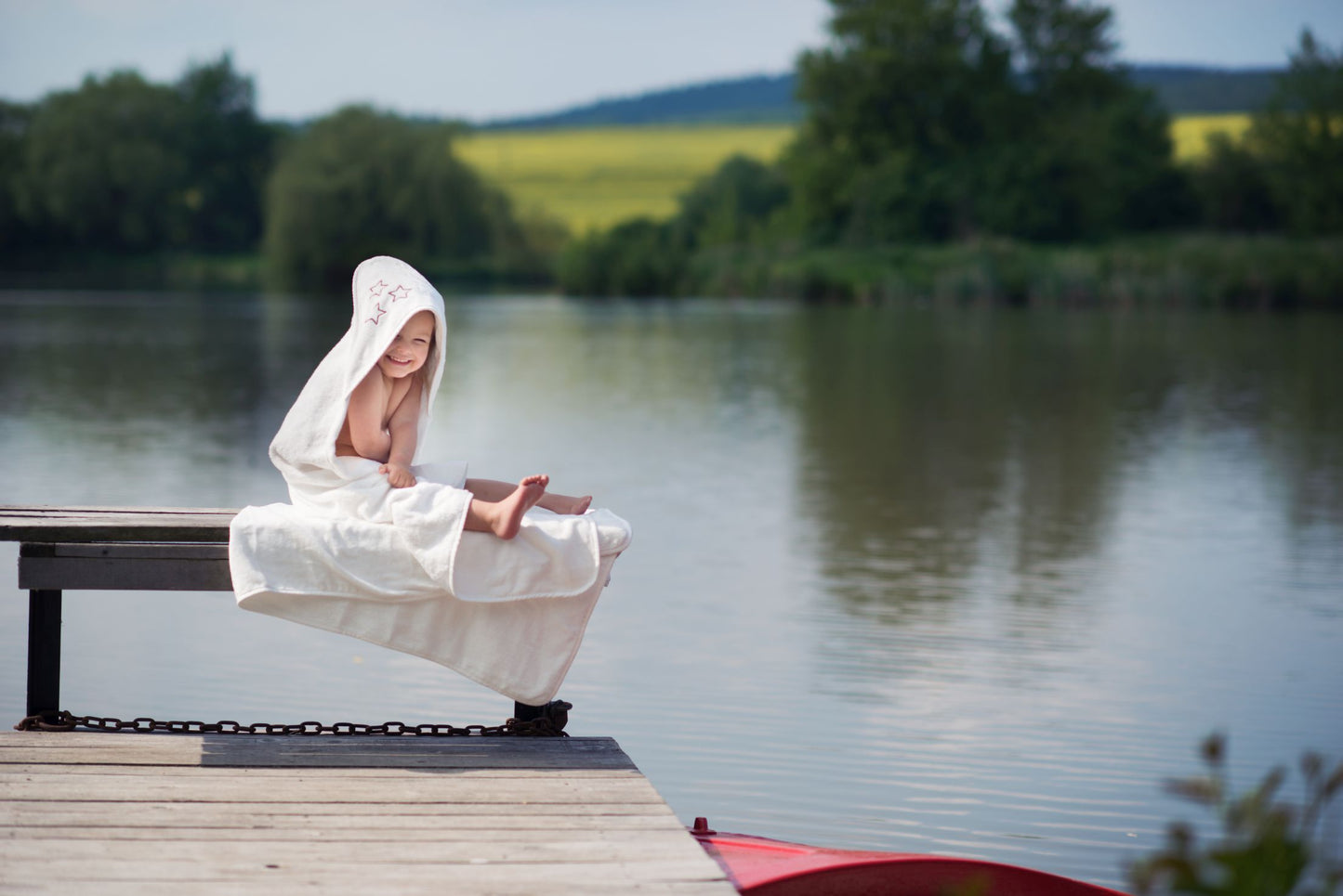 Organic Cotton Hooded Terry Bath Towel 35.4" x 35.4" - White Stars