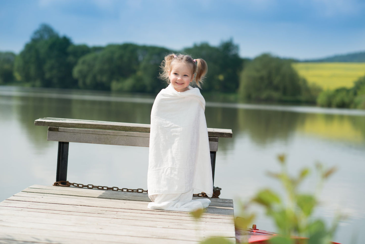Organic Cotton Hooded Terry Bath Towel 35.4" x 35.4" - White Stars